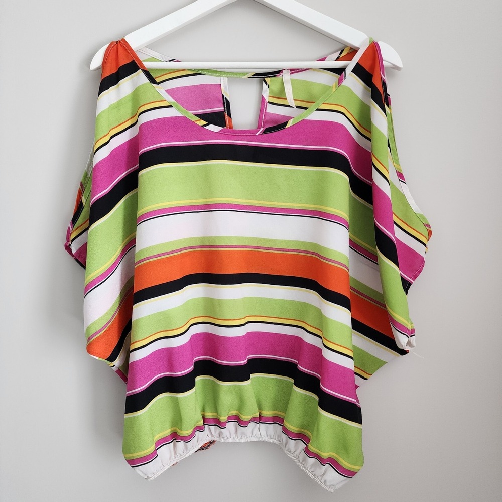MANITO Blouse Womens Large Stripe Chiffon Cold Shoulder Elasticated Waist‎ Pink